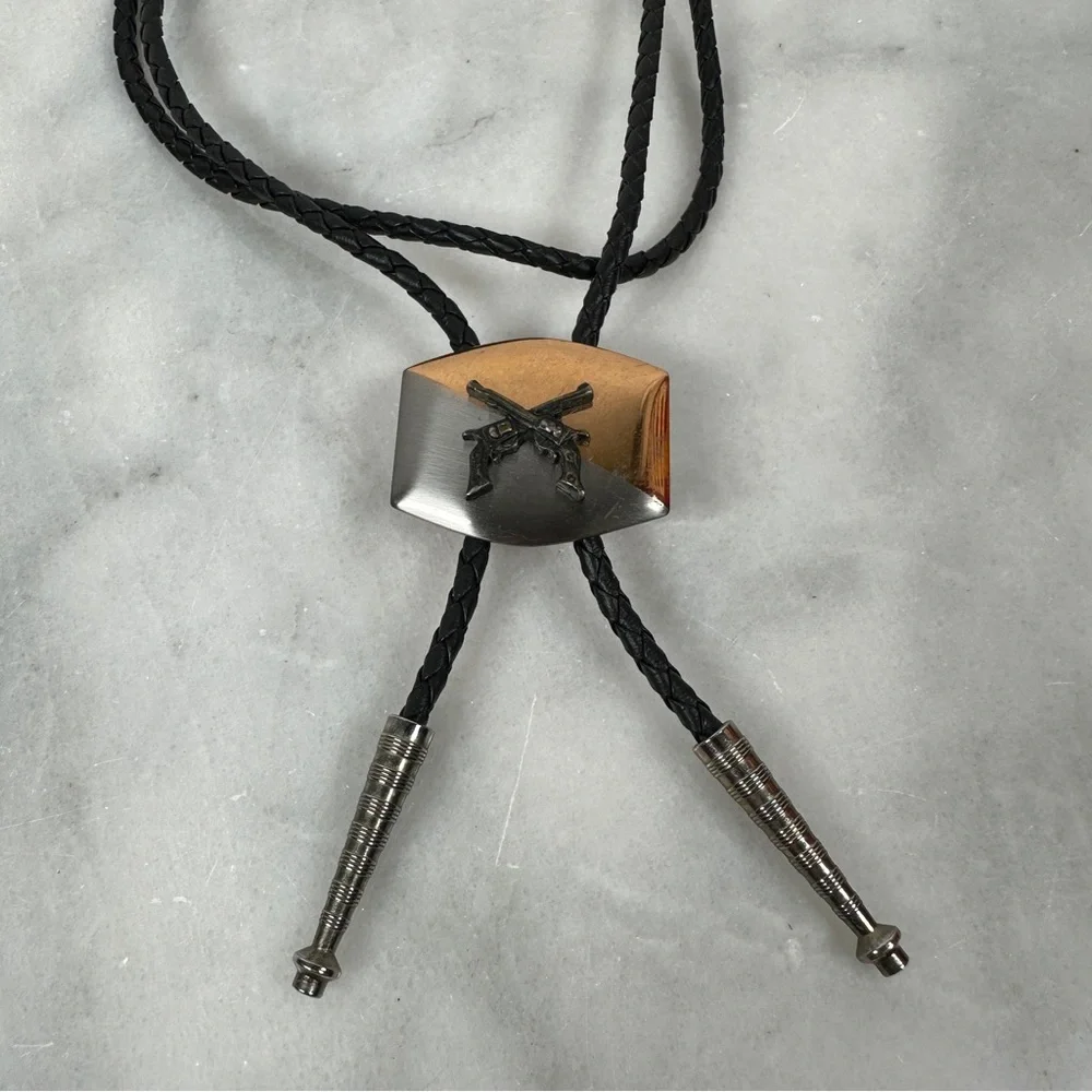 Bolo tie pistol western cowboy Black‎ Silver leather gun revolver braided gold
